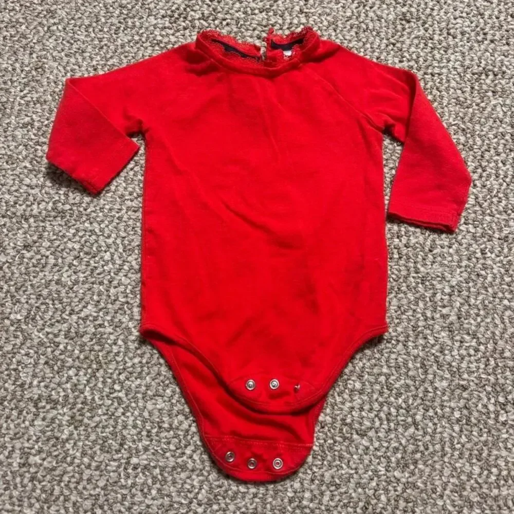 OshKosh Baby Girl Bodysuit Red Lace Trim Collar Long Sleeve 12 Months